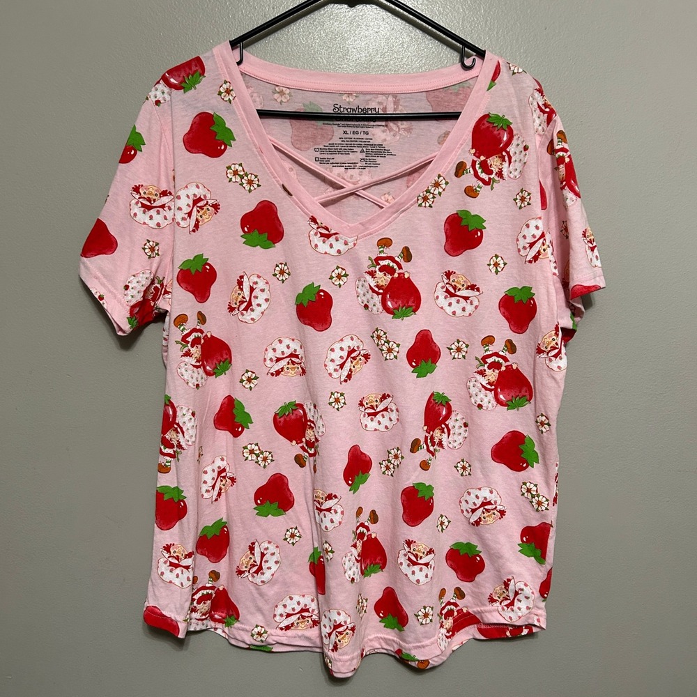 Strawberry Shortcake Graphic Tee Women XL Pink Crisscross V-Neck Kidcore Y2k Top